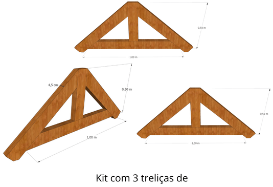 KIT 3 peças de Treliça para cobertura ou pequenos telhados de madeira Pinus tratado 1,0x0,50 metros