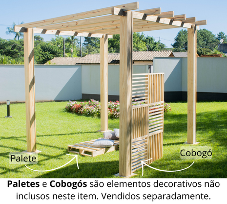 Pergolado para jardim de madeira Pinus tratado 2,90x2,90 metros - Modelo Cabernet Sauvignon