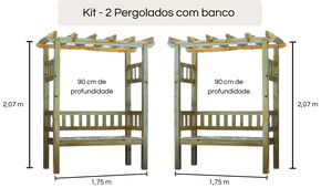 KIT 2 Pergolados com banco de madeira Pinus tratado 1,75x0,90 metros - Modelo Chardonnay